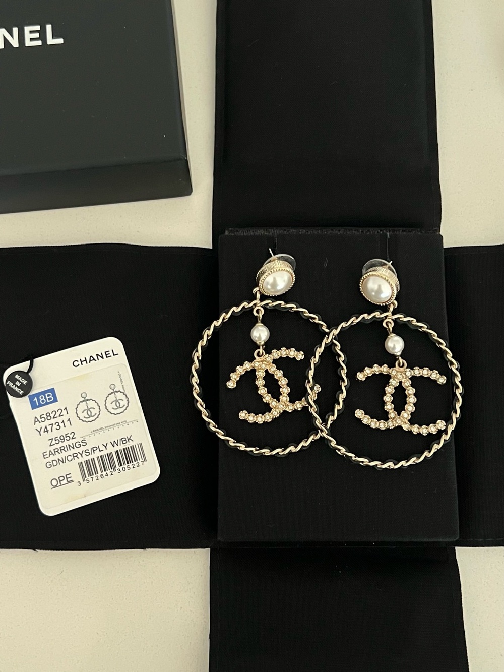 CHANEL Gold-Tone Pearly & Crystal CC Hoop Drop Earrings